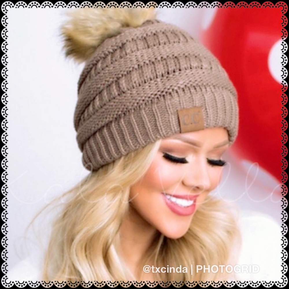 🎁BRAND NEW C.C. Taupe Faux Fur Pom Beanie